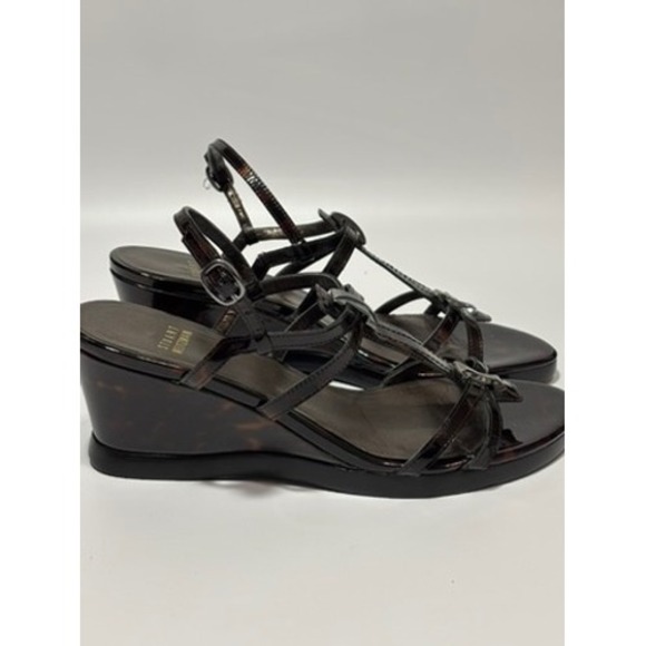 Stuart Weitzman Brown Tortoise Patent Leather Wedge Sandals Women's 8M Strappy - Picture 6 of 9